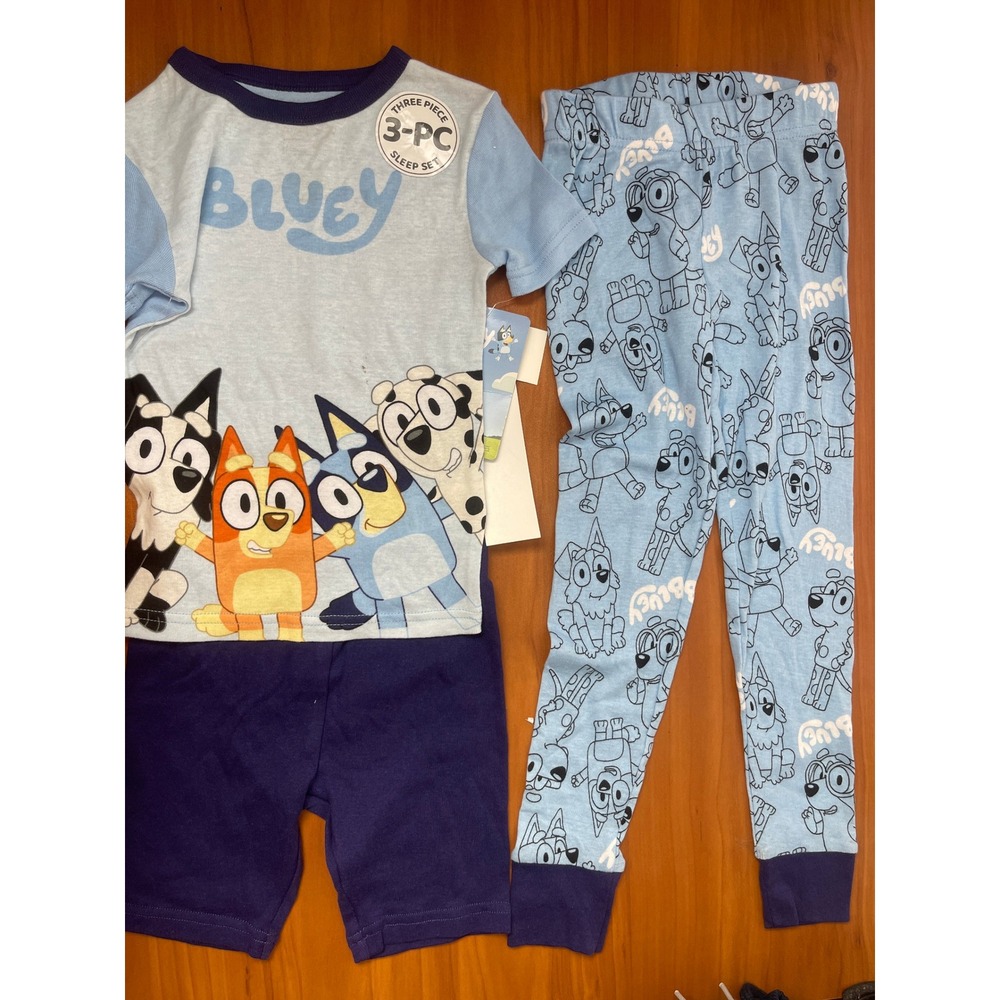 Bluey Boys Kids 3-Piece Pajama Set Shirt Shorts Pants Blue Navy Size 4 NWT